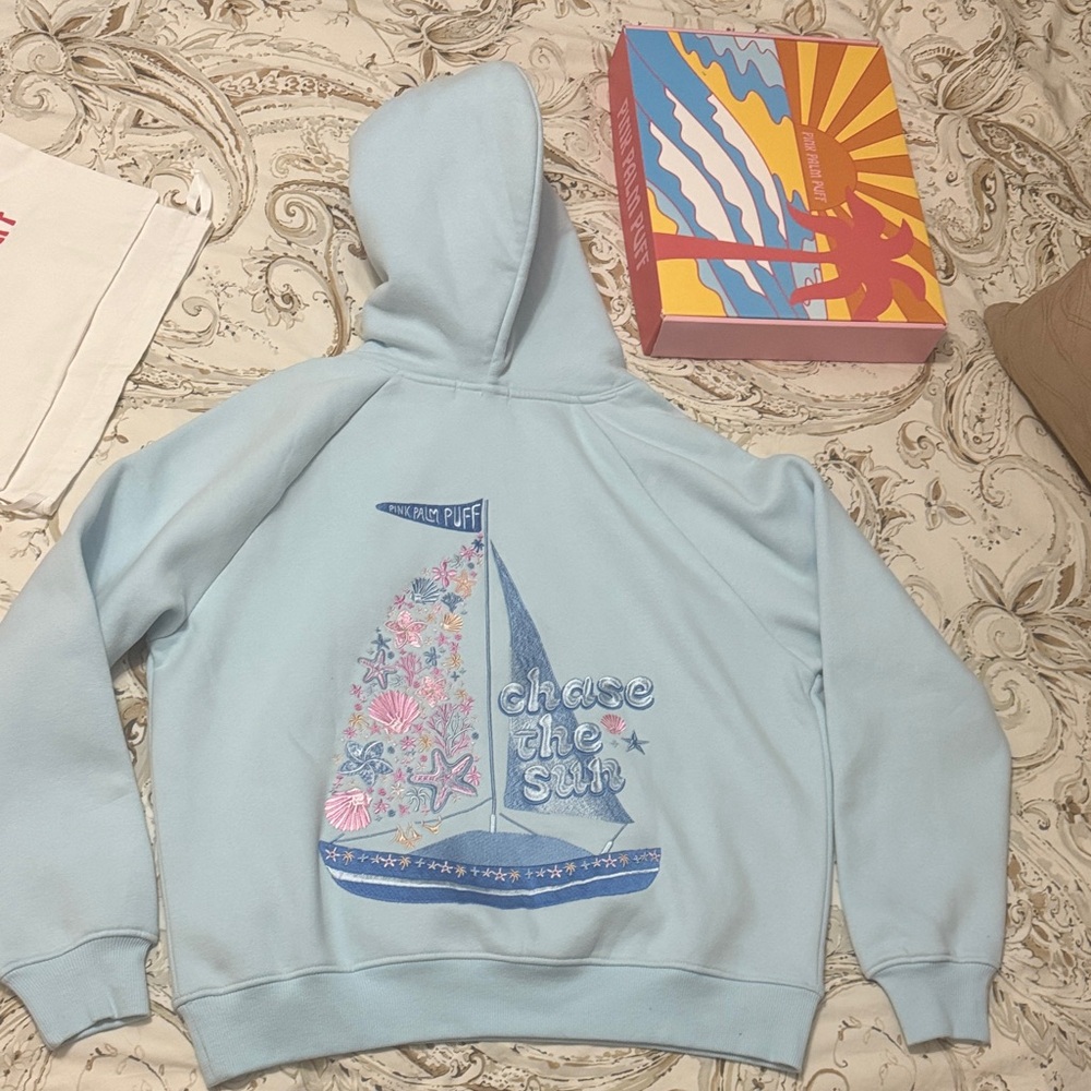 Pink Palm Puff Light Blue Women's Hoodie Includes Box and Dust Bag